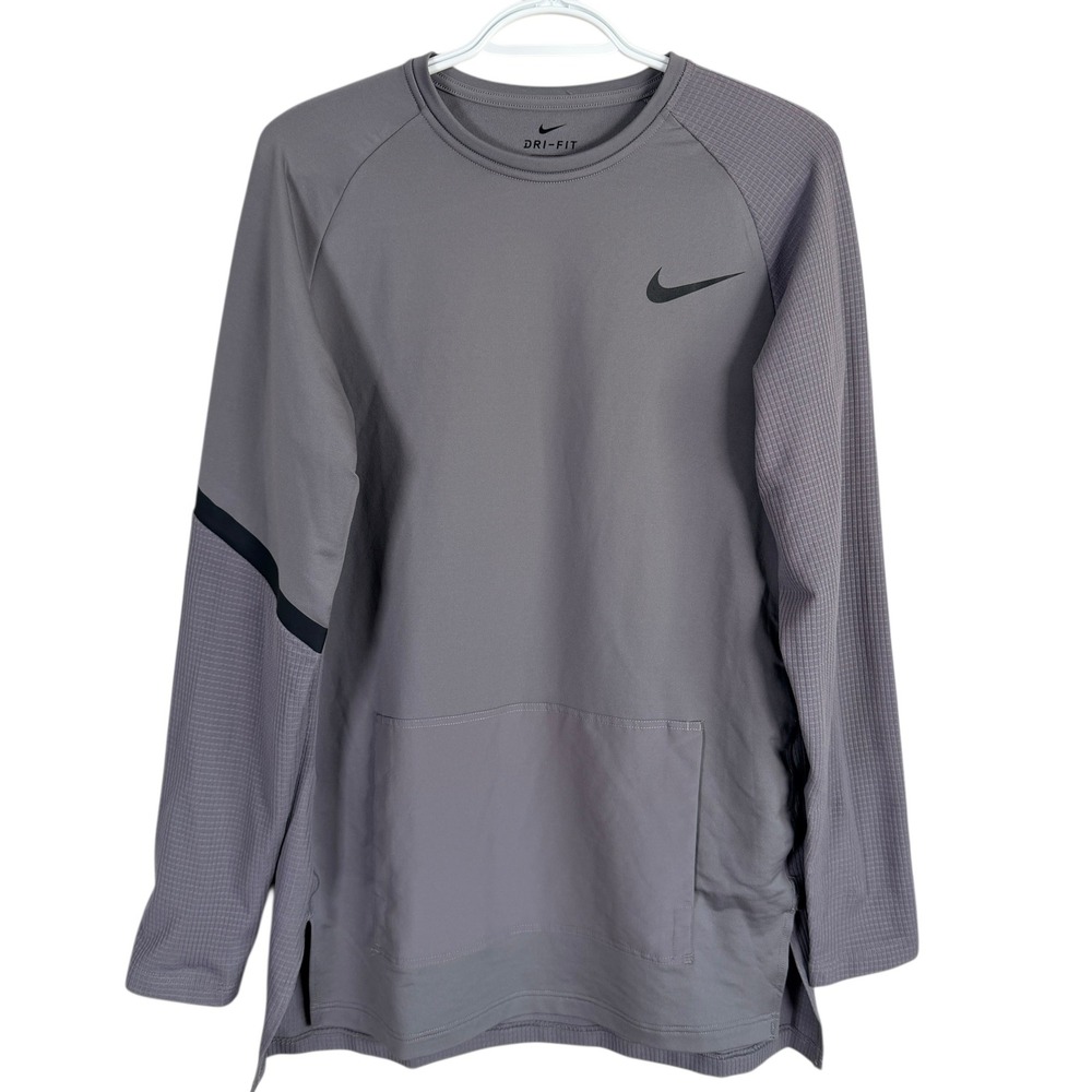 Nike Dri-FIT Training Shirt Mens M Gray Waffle Knit Long Sleeve‎ Kangaroo Pocket